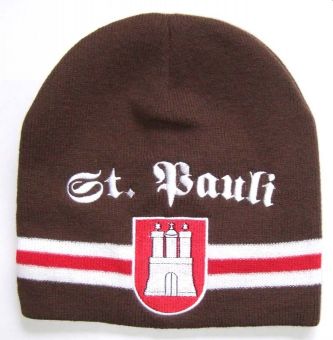 Mütze St. Pauli mit Wappen Schriftzug gestickt braun mit rot weiß Winter warm 